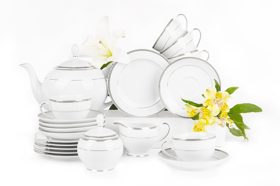 NEW HOLLIS PLATIN Serwis herbaciany polska porcelana 6 os. 15 elementów biały / platynowy wzór Platin - zdjęcie 0