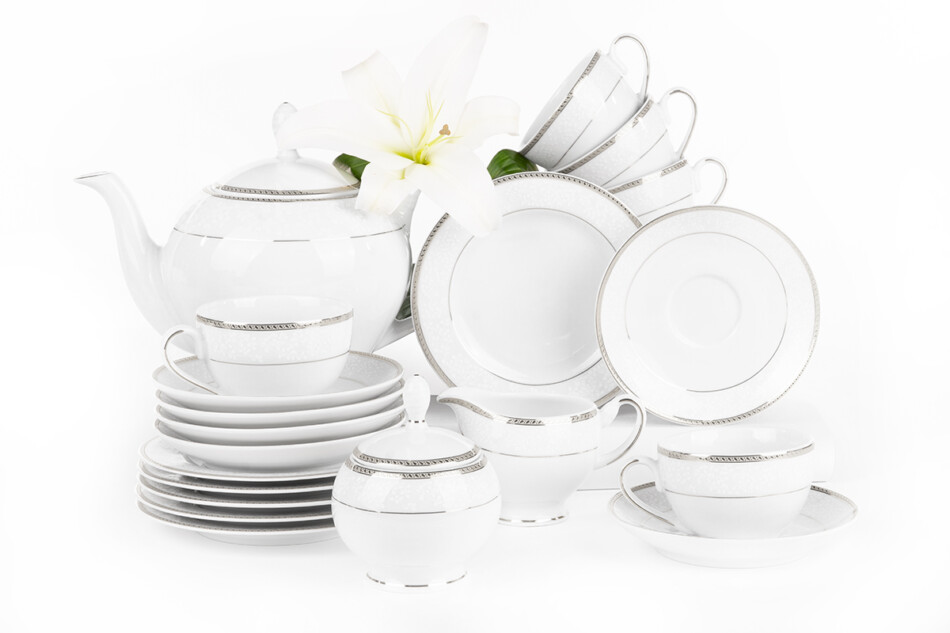 NEW HOLLIS PLATIN Serwis herbaciany polska porcelana 6 os. 15 elementów biały / platynowy wzór Platin - zdjęcie 3