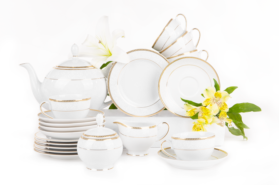 NEW HOLLIS GOLD Serwis herbaciany polska porcelana 6 os. 15 elementów biały / złoty wzór Gold - zdjęcie 0