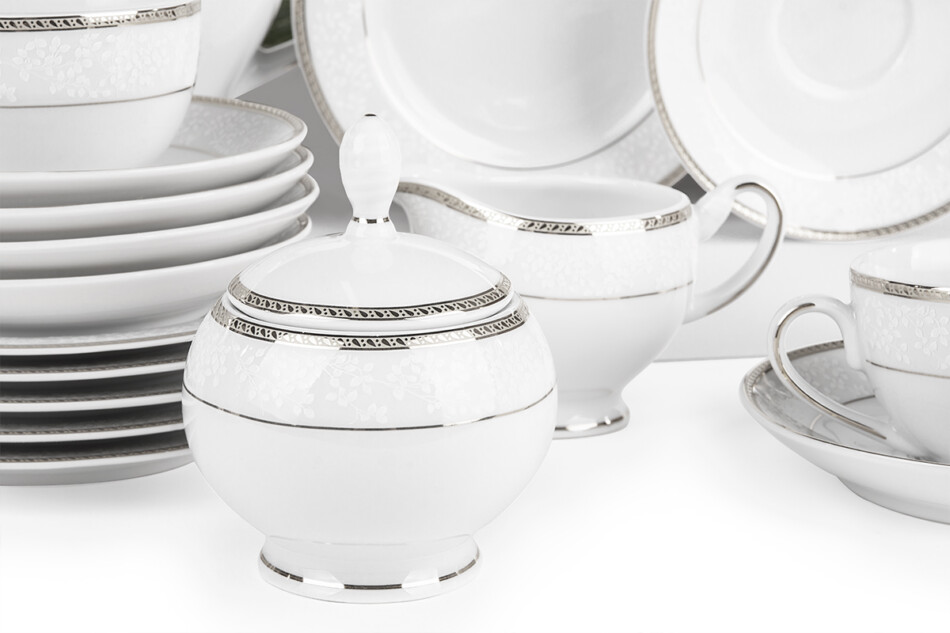 NEW HOLLIS PLATIN Serwis herbaciany polska porcelana 6 os. 15 elementów biały / platynowy wzór Platin - zdjęcie 5