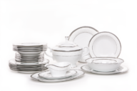 Serwis obiadowy polska porcelana, sosjerka, waza 25 elementów biały / platynowy wzór dla 6 os.