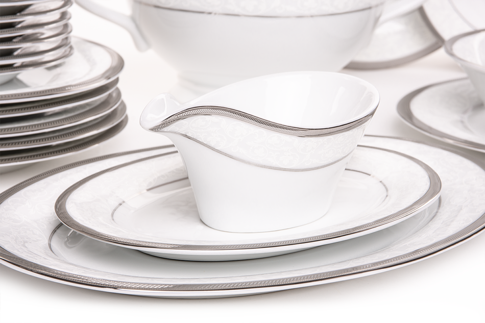 GEOS PLATIN Serwis obiadowy polska porcelana, sosjerka, waza 25 elementów biały / platynowy wzór dla 6 os. Platin - zdjęcie 3