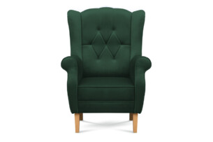 NIROS, https://konsimo.pl/kolekcja/niros/ Elegancki fotel uszak na drewnianych nóżkach butelkowa zieleń ciemny zielony - zdjęcie