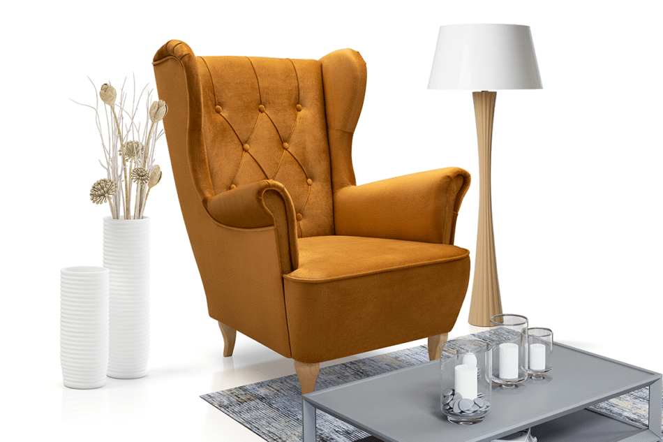 ERBO Skandynawski fotel uszak na drewnianych nóżkach żółty miodowy - zdjęcie 1