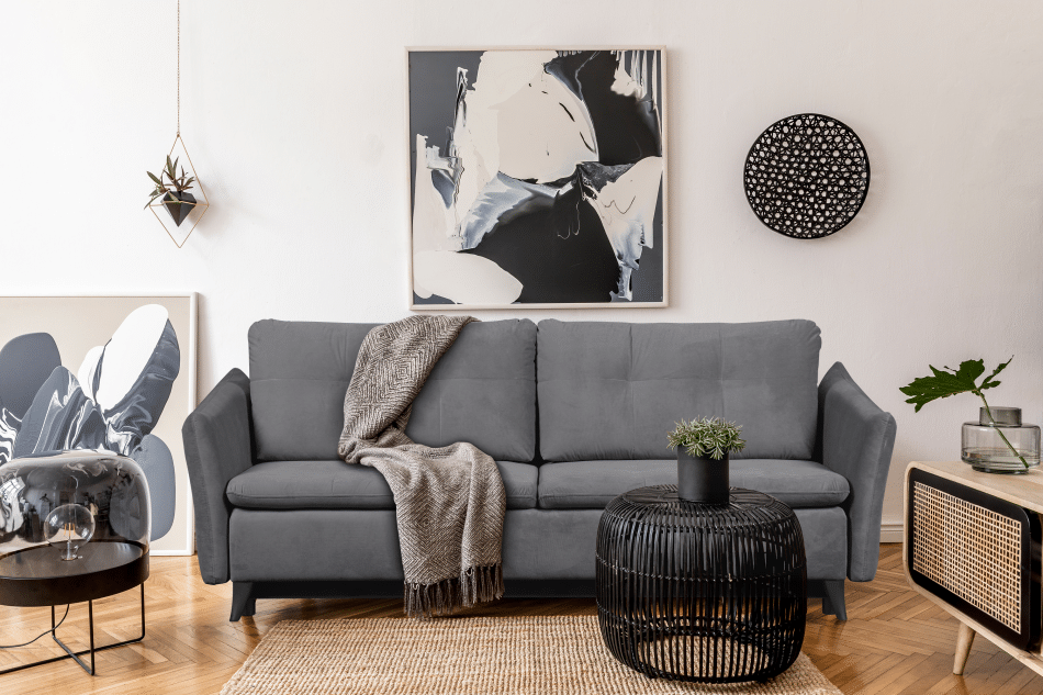 TENUS Sofa trzyosobowa w stylu klasycznym matowy welur szara szary - zdjęcie 1