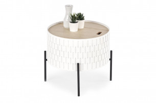 LINTER, https://konsimo.pl/kolekcja/linter/ Okrągły stolik kawowy z pojemnikiem naturalny/biały - zdjęcie