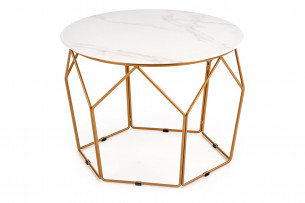 DIMAR, https://konsimo.pl/kolekcja/dimar/ Okrągły stolik kawowy na złotym stelażu z marmurowym blatem biały/złoty - zdjęcie