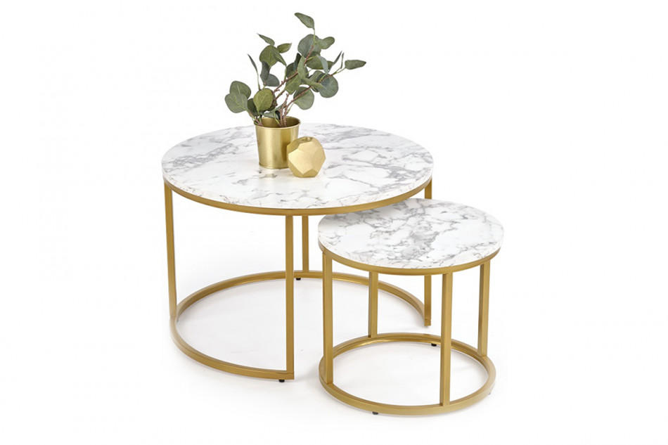 PARDUS Komplet dwóch okrągłych stolików kawowych do salonu na złotym stelażu biały/złoty - zdjęcie 2