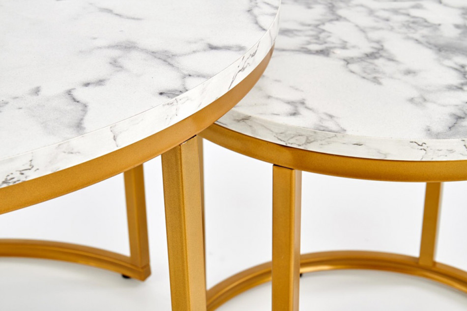PARDUS Komplet dwóch okrągłych stolików kawowych do salonu na złotym stelażu biały/złoty - zdjęcie 1