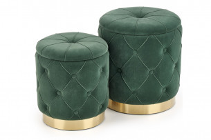 AMBI, https://konsimo.pl/kolekcja/ambi/ Zestaw 2 okrągłych welurowych puf w stylu glamour butelkowa zieleń ciemny zielony/złoty - zdjęcie