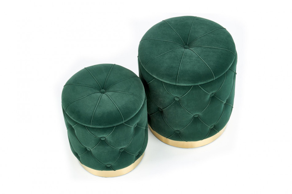 AMBI Zestaw 2 okrągłych welurowych puf w stylu glamour butelkowa zieleń ciemny zielony/złoty - zdjęcie 2