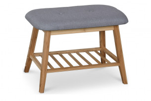 NIVALI, https://konsimo.pl/kolekcja/nivali/ Drewniany tapicerowany stołek do przedpokoju naturalny/szary - zdjęcie
