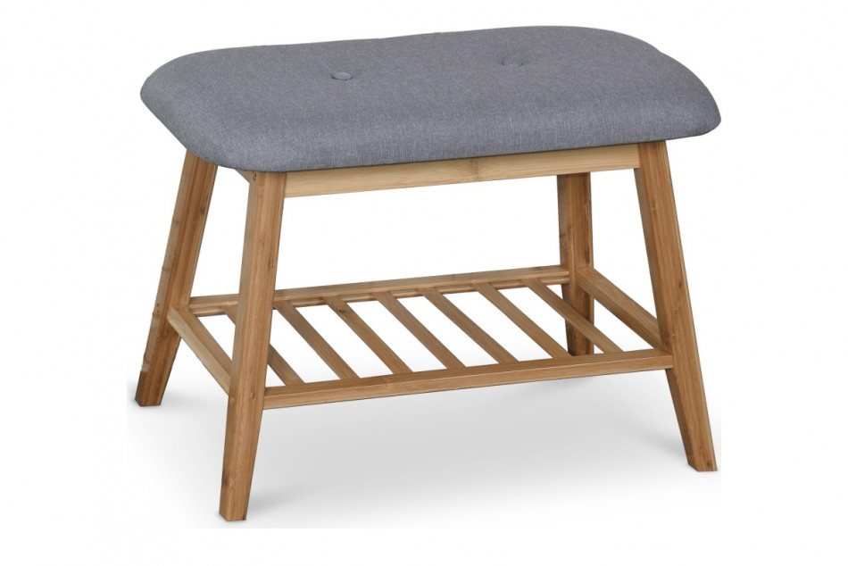 NIVALI Drewniany tapicerowany stołek do przedpokoju naturalny/szary - zdjęcie