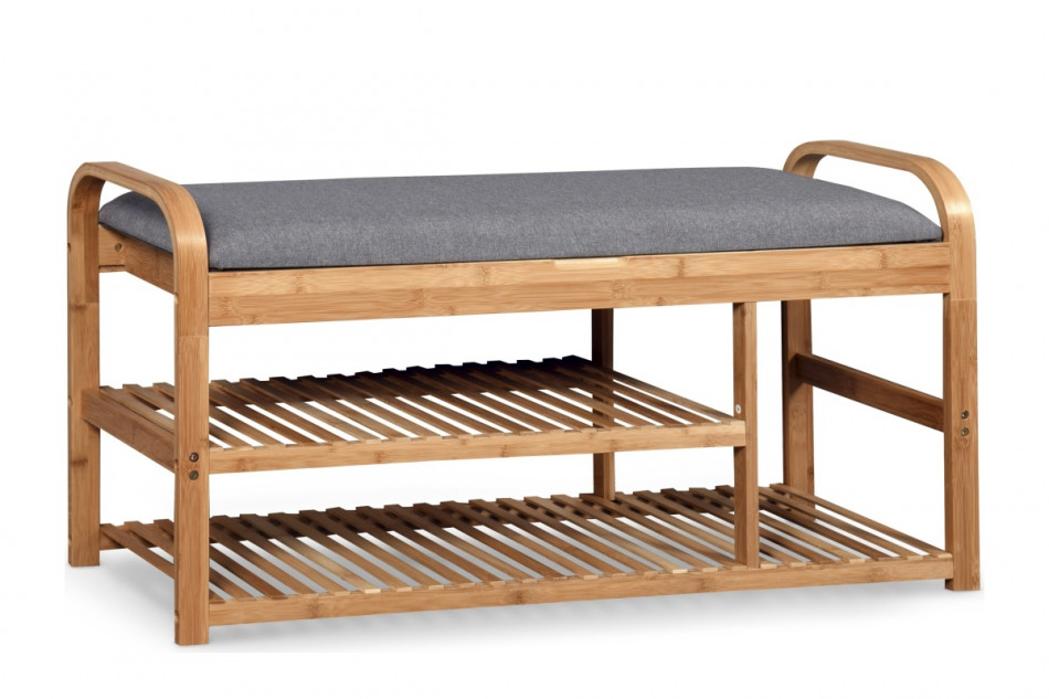 FENDLO Drewniana tapicerowana ławka z półkami do przedpokoju naturalny/szary - zdjęcie 0