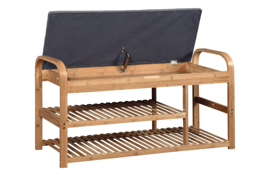 FENDLO Drewniana tapicerowana ławka z półkami do przedpokoju naturalny/szary - zdjęcie 1