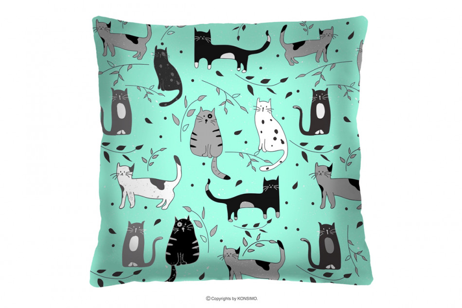PAFIA Zielona poduszka w rysunkowe koty miętowy/szary - zdjęcie