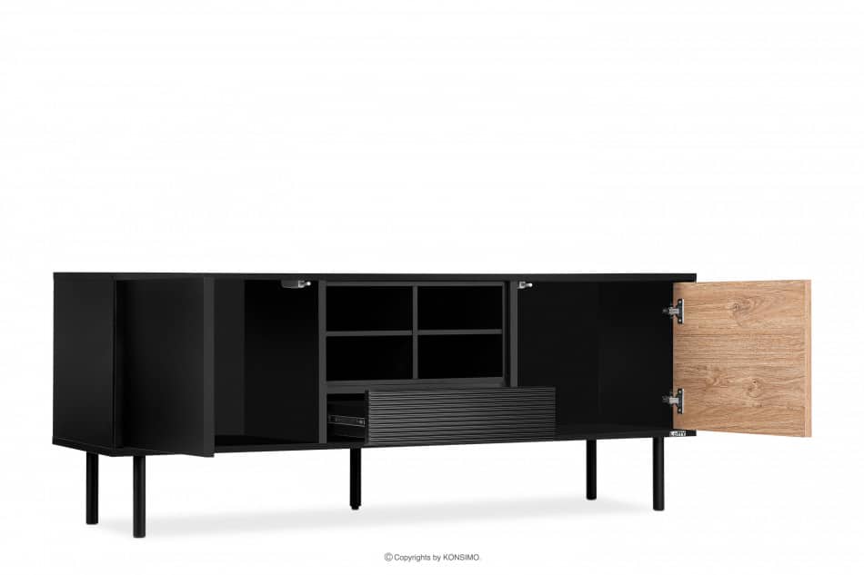 LOFTY Szeroka szafka RTV w stylu loft z półkami czarna czarny/dąb naturalny - zdjęcie 6