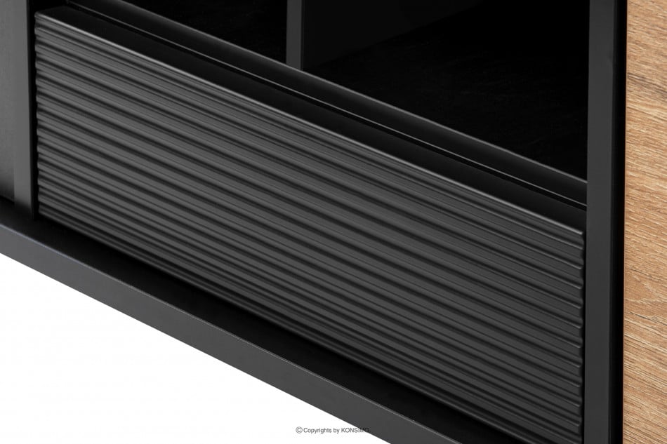 LOFTY Szeroka szafka RTV w stylu loft z półkami czarna czarny/dąb naturalny - zdjęcie 8