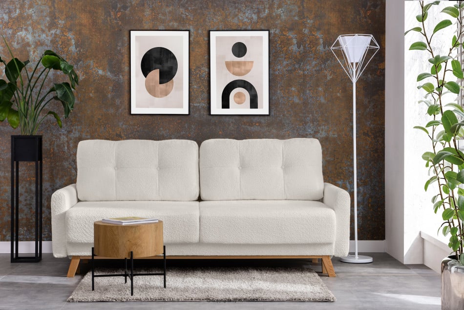 VISNA Skandynawska sofa w tkaninie baranek kremowa 220x79x95 cm - zdjęcie 1