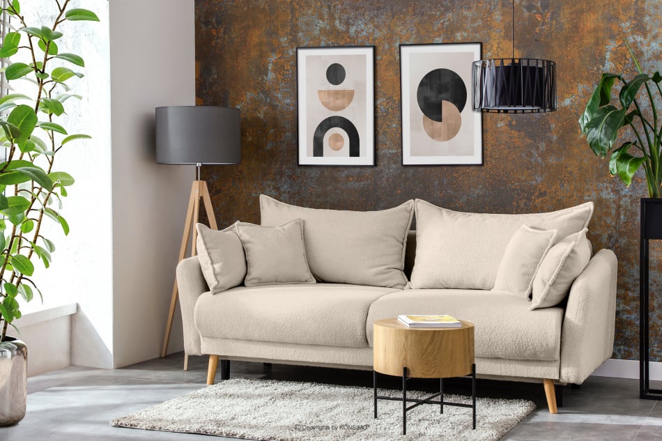 BELMOS Kremowa sofa z funkcją spania w tkaninie baranek 228x102x95cm - zdjęcie 1