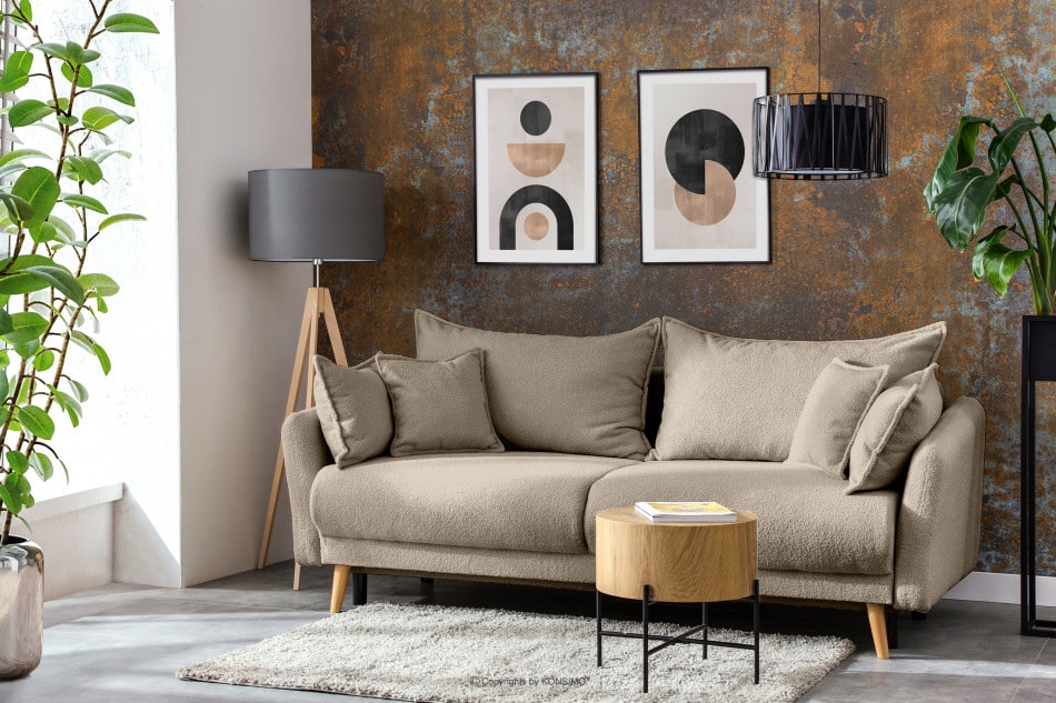 BELMOS Brązowa sofa z funkcją spania w tkaninie baranek 228x102x95cm - zdjęcie 1