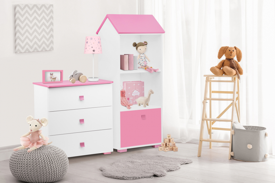 PABIS Regał dziecięcy domek z drzwiczkami różowy różowy/biały - zdjęcie 1