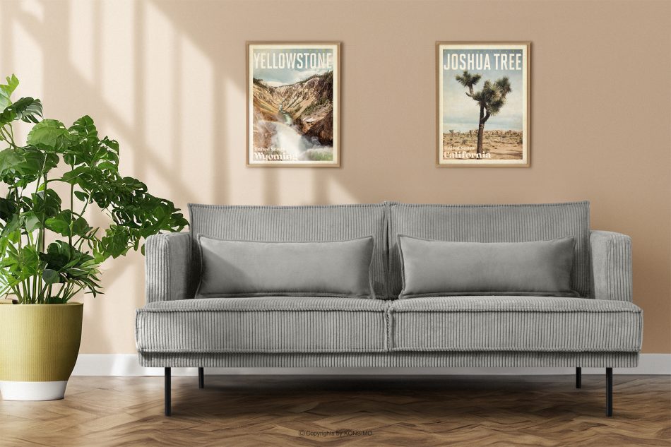 GANZO Sofa 3 osobowa w tkaninie sztruks z poduszkami welur jasny szary jasny szary - zdjęcie 8