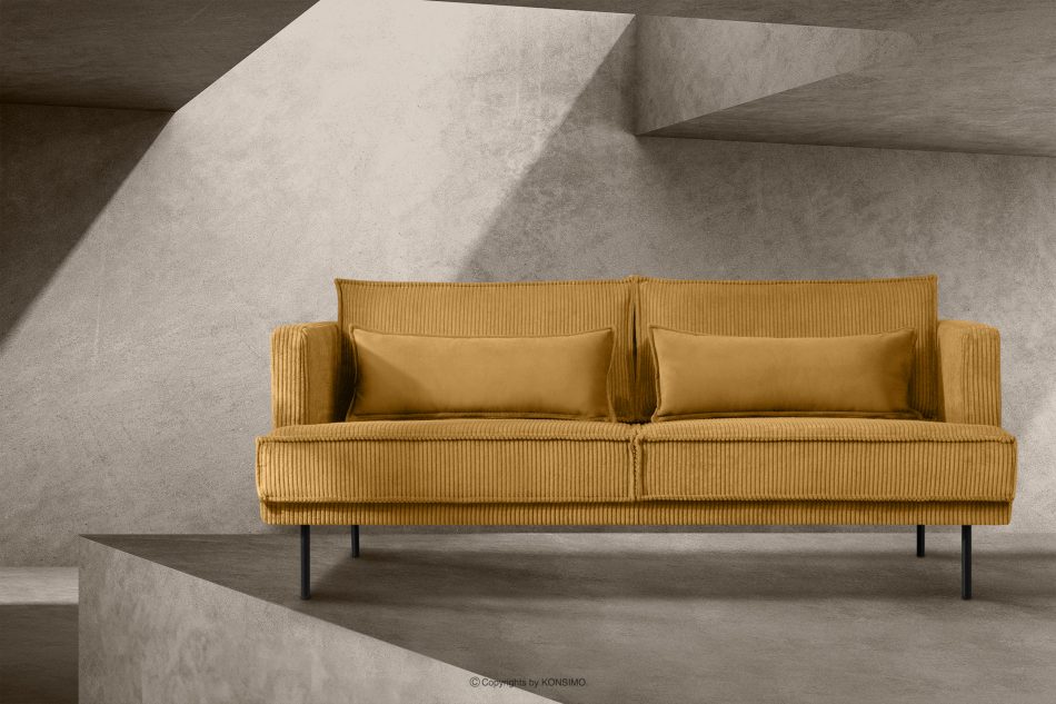 GANZO Sofa 3 osobowa w tkaninie sztruks z poduszkami welur żółty żółty - zdjęcie 1