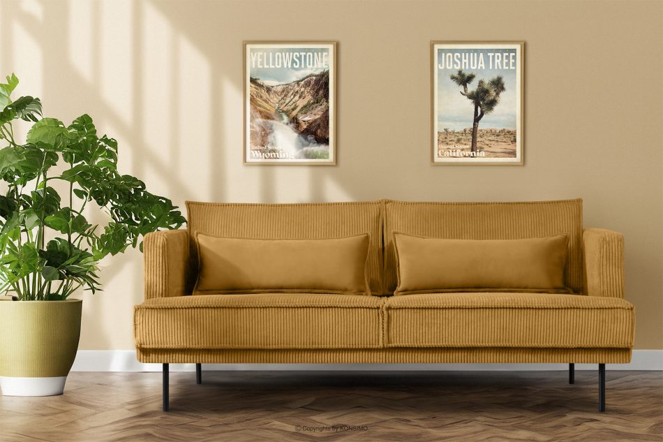 GANZO Sofa 3 osobowa w tkaninie sztruks z poduszkami welur żółty żółty - zdjęcie 8