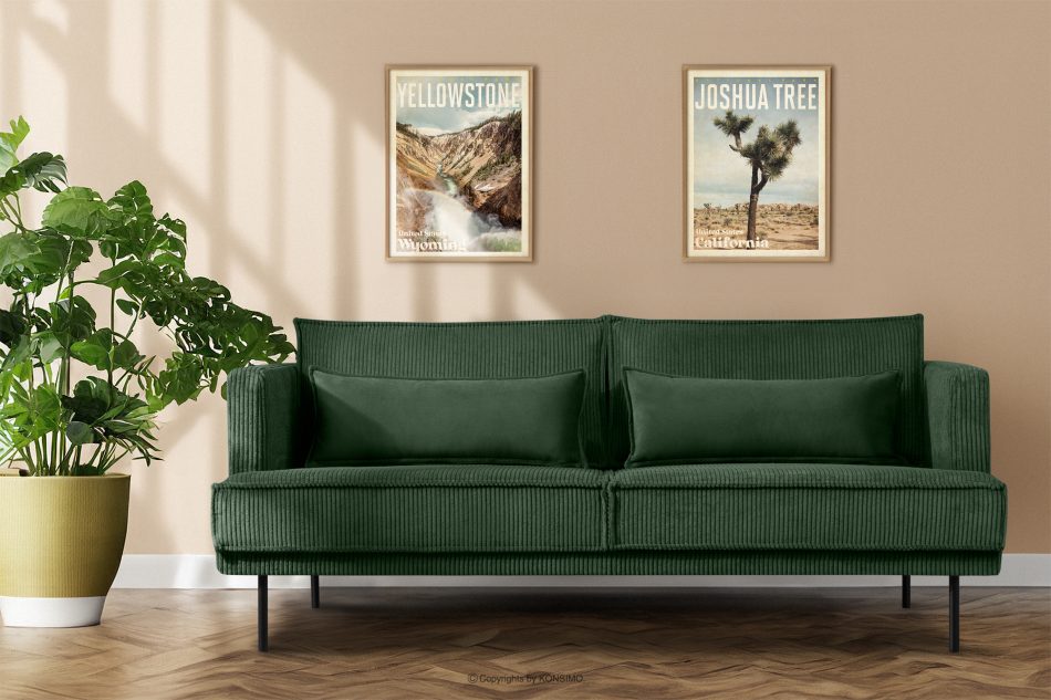 GANZO Sofa 3 osobowa w tkaninie sztruks z poduszkami welur ciemny zielony ciemny zielony - zdjęcie 8