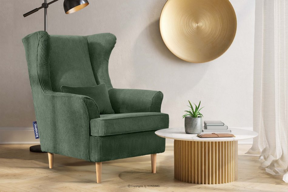 STRALIS Fotel uszak w tkaninie sztruks z poduszką welur ciemny zielony ciemny zielony - zdjęcie 1