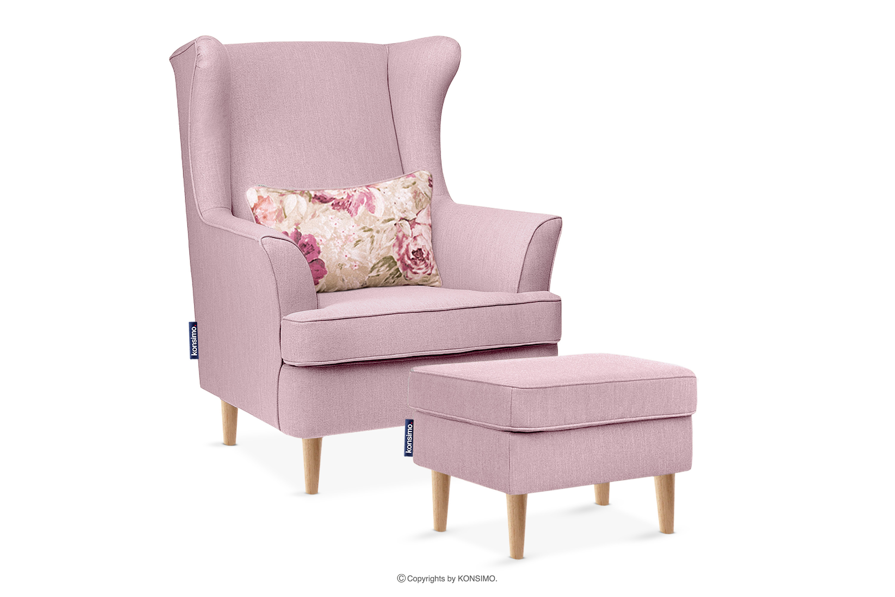 Fotel i puf na drewnianych nóżkach różowy