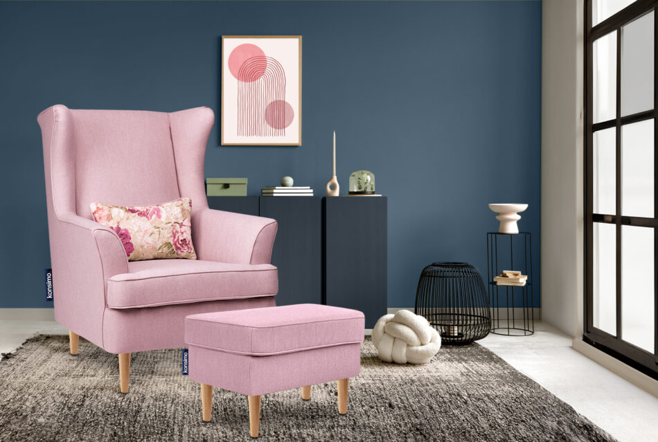 STRALIS Fotel i puf na drewnianych nóżkach różowy różowy - zdjęcie 1