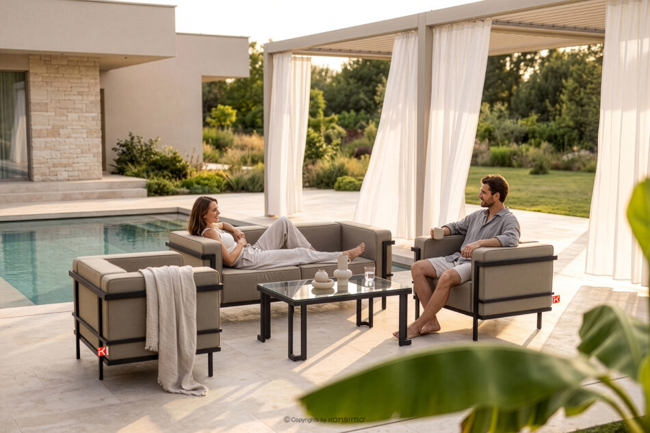 TRIGLO Nowoczesna sofa ogrodowa 2 na metalowych nóżkach ciemny szary/beżowy ciemny szary/beżowy - zdjęcie 9