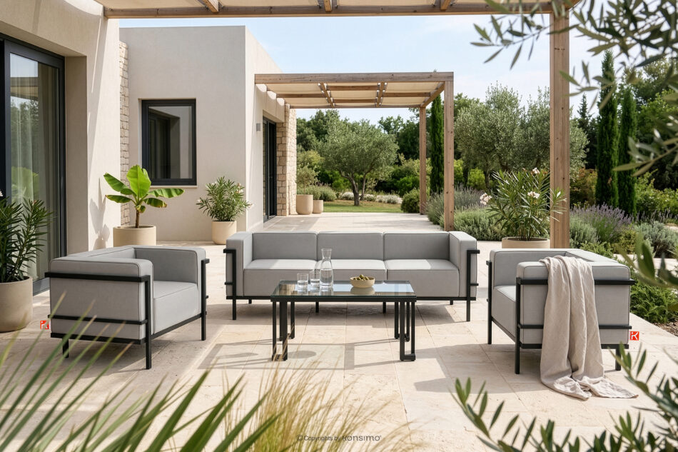 TRIGLO Nowoczesna sofa ogrodowa 3 na metalowych nóżkach ciemny szary/jasny szary ciemny szary/jasny szary - zdjęcie 10