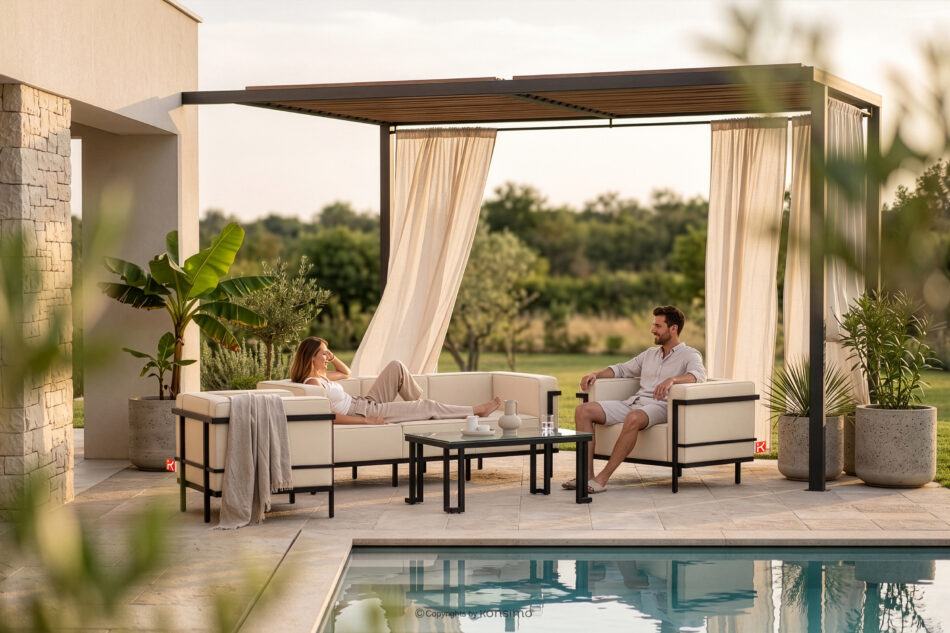 TRIGLO Nowoczesna sofa ogrodowa 3 na metalowych nóżkach ciemny szary/jasny szary ciemny szary/jasny szary - zdjęcie 9