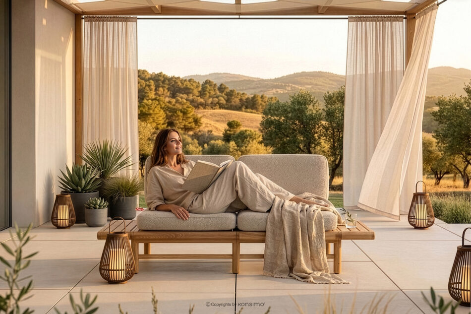 ATREDA Sofa ogrodowa drewniana w stylu boho kremowy kremowy/jesion naturalny - zdjęcie 13