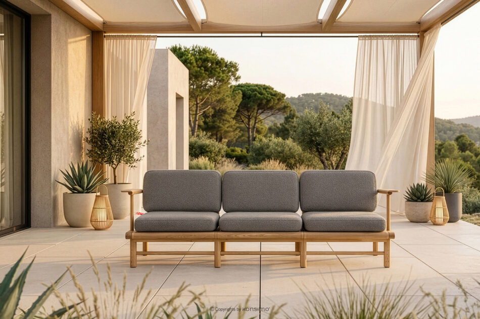 ATREDA Sofa ogrodowa 3 z drewna jesionowego w stylu boho szary szary/jesion naturalny - zdjęcie 1