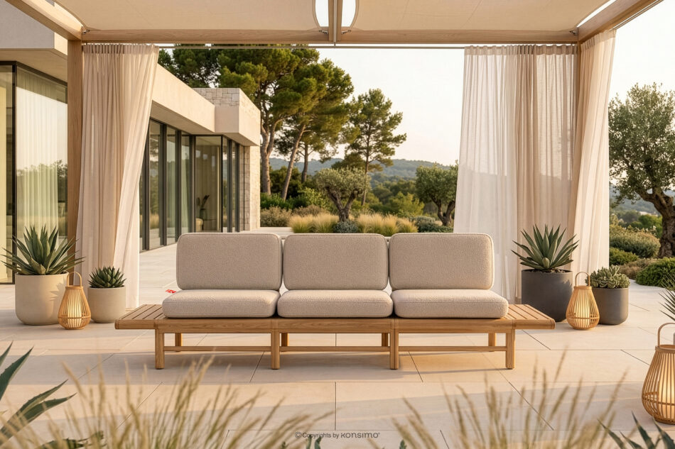 ATREDA Sofa ogrodowa 3 drewniana w stylu boho krewowy kremowy/jesion naturalny - zdjęcie 1