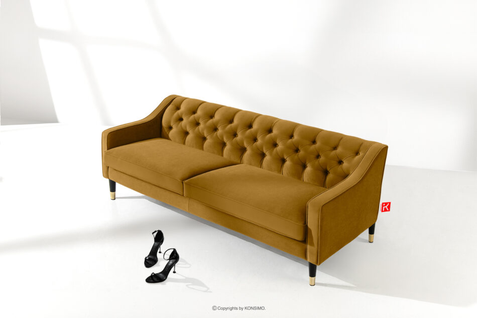 NOMUS Elegancka sofa trzyosbowa welur z pikowaniem żółty żółty - zdjęcie 1