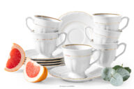 Filiżanka ze spodkiem 6 szt. klasyczna z porcelany biały/złota linia