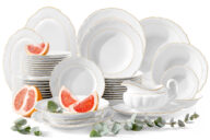 Klasyczny zestaw obiadowy z porcelany 12 os. (44 el.) biały/złota linia