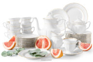 Klasyczny zestaw kawowy z porcelany 12 os. (39 el.) biały/złota linia