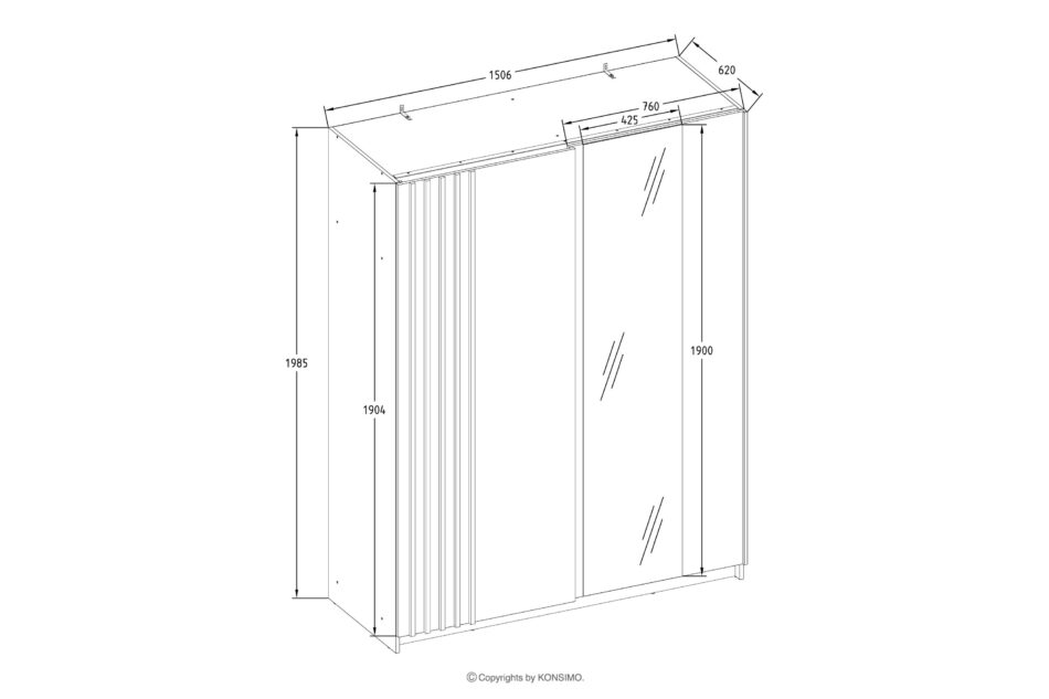 CASTARI Szafa przesuwna z lamelami i lustrem czarny/dąb artisan czarny/dąb artisan - zdjęcie 5