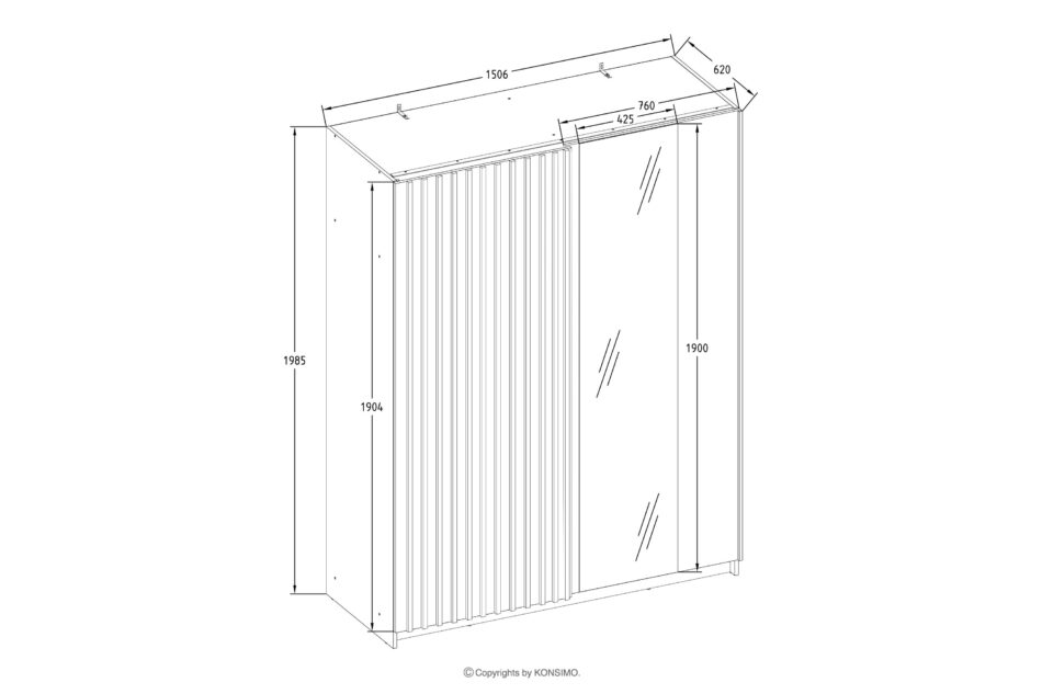 CASTARI Duża szafa przesuwna z lamelami i lustrem biały/dąb artisan biały/dąb artisan - zdjęcie 5