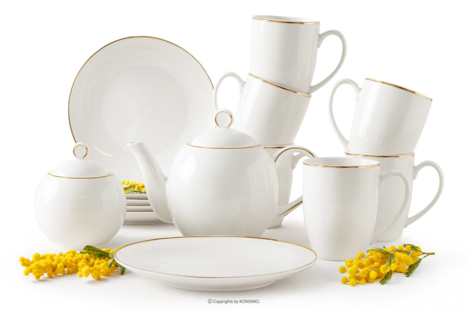 AD BELLA Zestaw herbaciany twarda porcelana ecru/złoty 6 os. (14 el.) ecru/złoty - zdjęcie 0