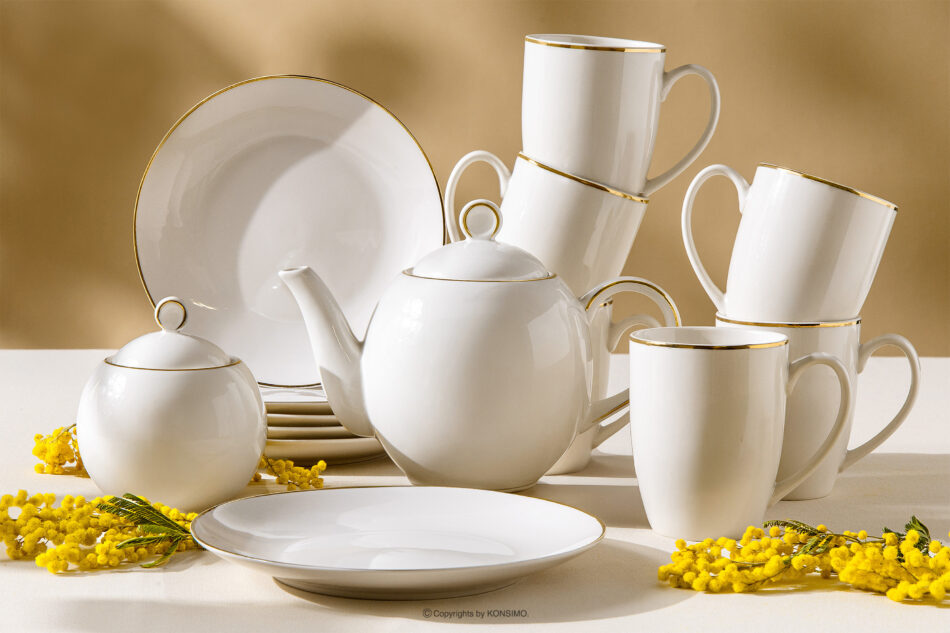 AD BELLA Zestaw herbaciany twarda porcelana ecru/złoty 6 os. (14 el.) ecru/złoty - zdjęcie 1