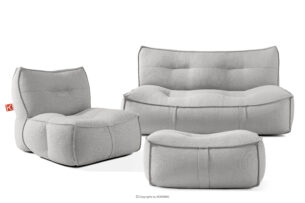 LOVIA, https://konsimo.pl/kolekcja/lovia/ Zestaw ogrodowy fotel sofa i puf w tkaninie plecionej outdoorowej ciemny szary/biały ciemny szary/biały - zdjęcie