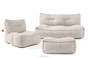 LOVIA, https://konsimo.pl/kolekcja/lovia/ Zestaw ogrodowy fotel sofa i puf w tkaninie plecionej outdoorowej ciemny beżowy/biały ciemny beżowy/biały - zdjęcie