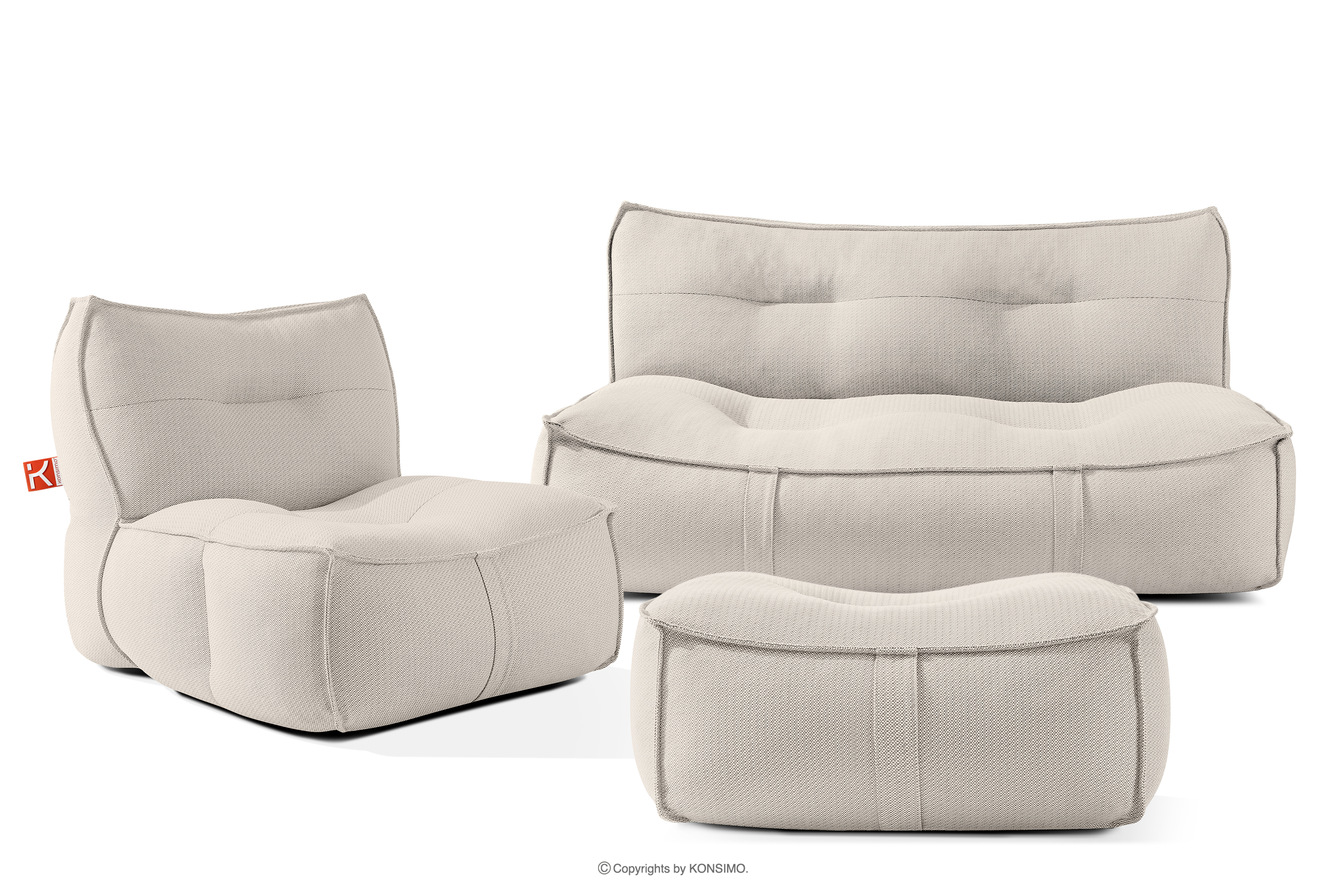 Zestaw ogrodowy fotel sofa i puf w tkaninie plecionej outdoorowej ciemny beżowy/biały LOVIA